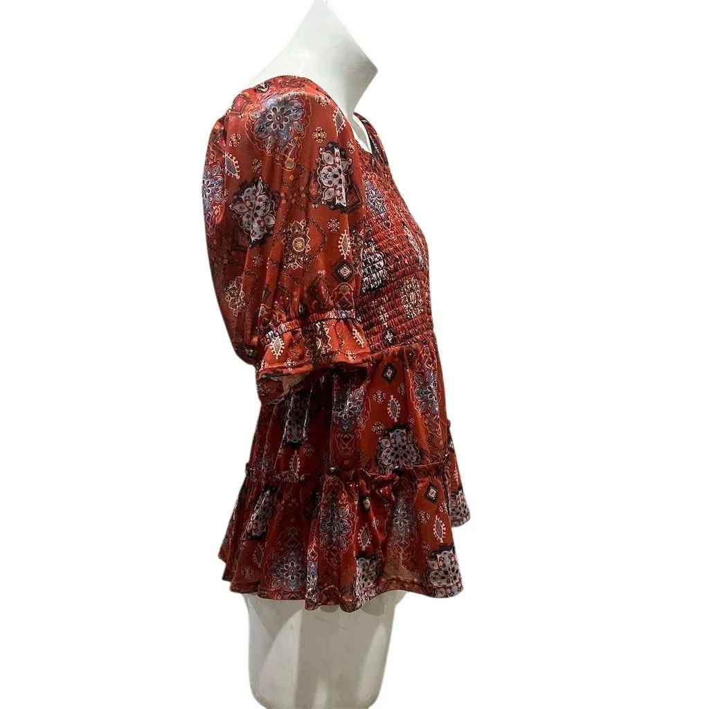 Maurices Women's L Red Geometric Smocked Peplum Blouse Short Sleeve - Image 7