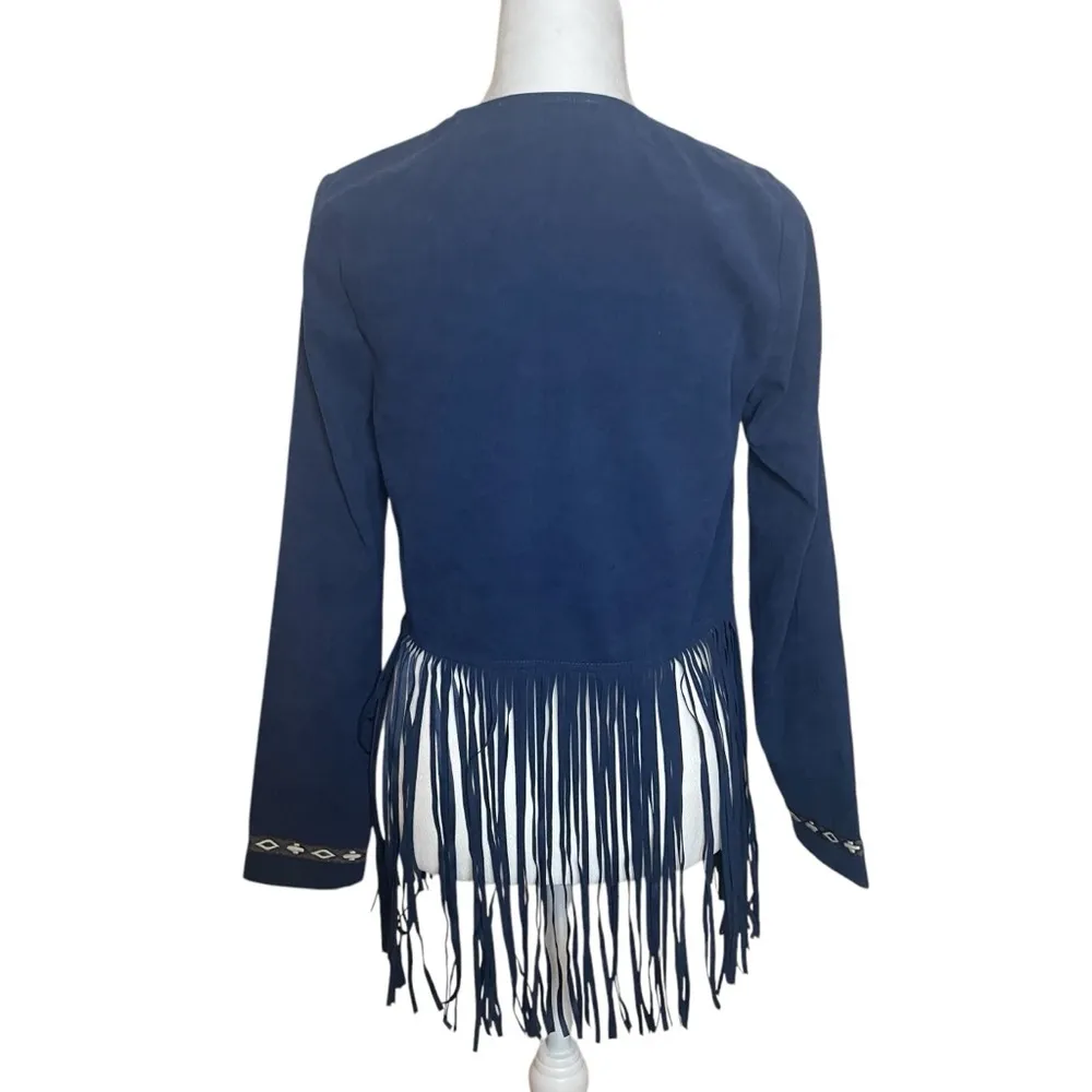 Flying Tomato Blue Faux Suede Southwestern Jacket Fringe Embroidered Small Aztec - Image 7