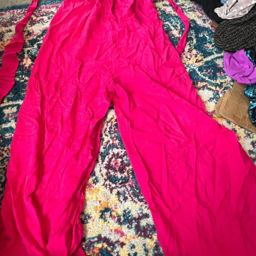 NWT Rusttydustty Hot Pink Geometric Embroidered Tube Top Wide Leg Jumpsuit M Size M - Image 4