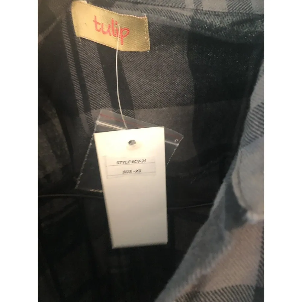 TULIP whiskey Plaid XS button Down Shirt NWT Cotton Black Gray Bustle Back lagen - Image 3