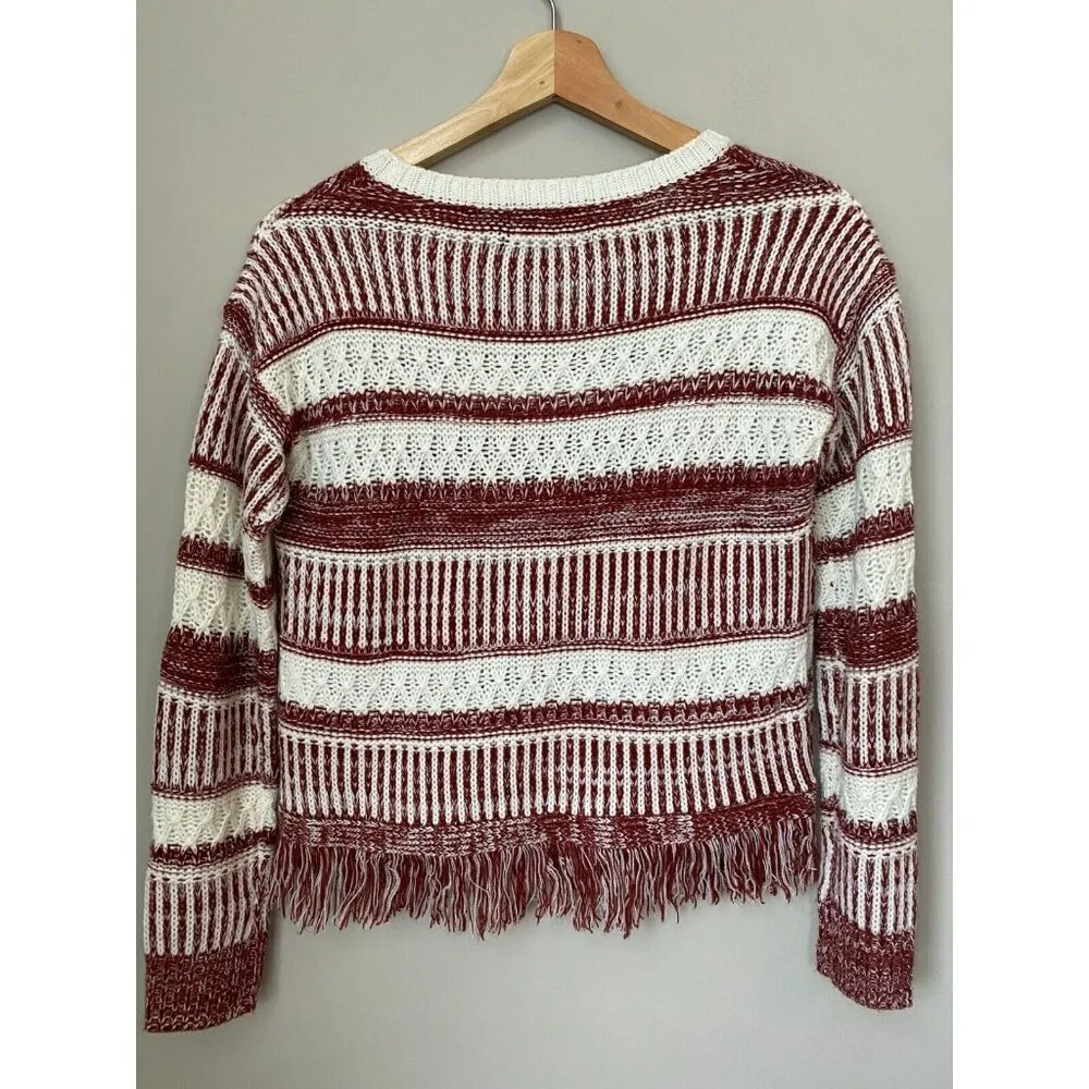 MINKPINK Womens Size XS Sunday Frills Fringe Sweater Top in Maroon & White Boho - Image 14
