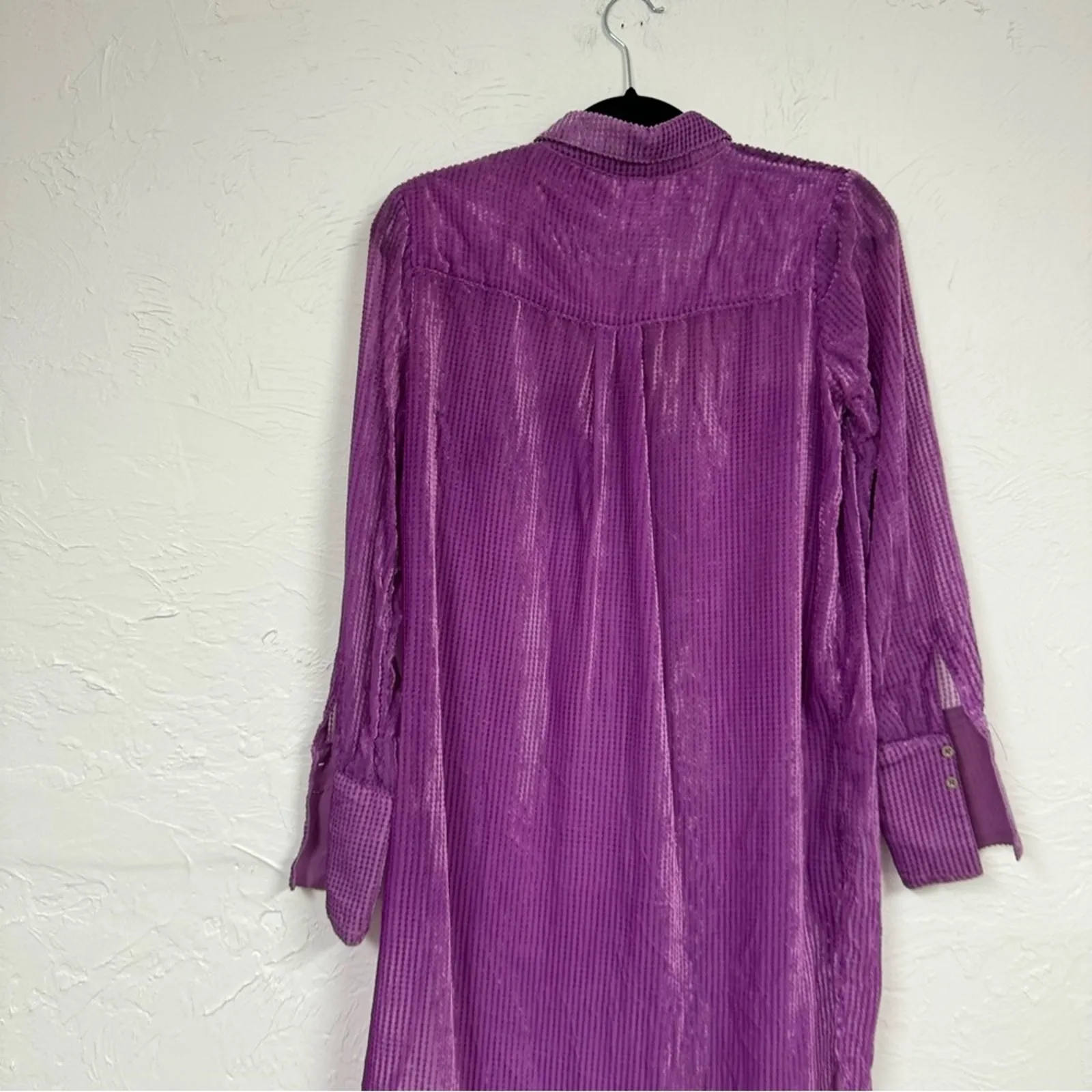 Akemi Kin Purple Velvet Burnout Button Down Tunic Women XS Oversized Sheer Boho - Image 4