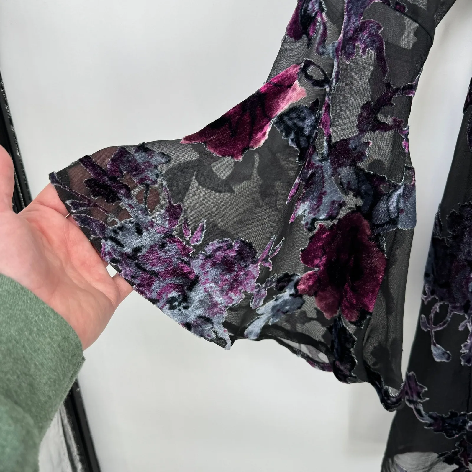 Dee Elly Mini Dress Womens Medium Black Floral Velvet Burnout Fairy Witchy - Image 7