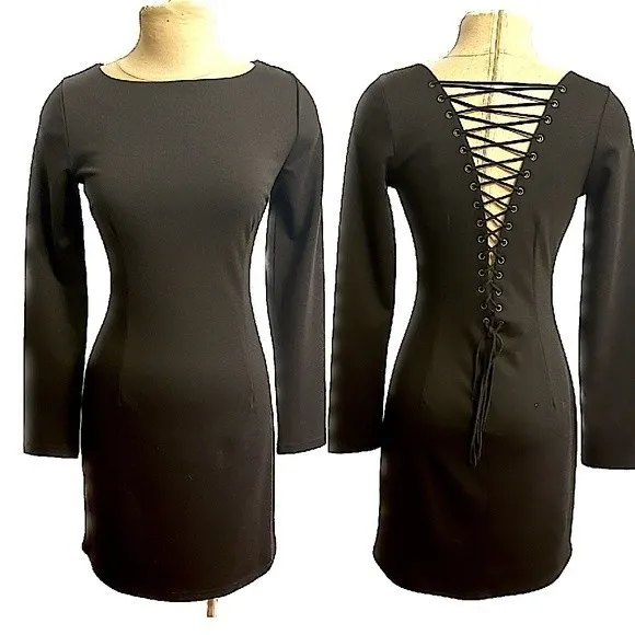 BB Dakota Black Long Sleeve Lace Up Back Dress Size Small - Image 2