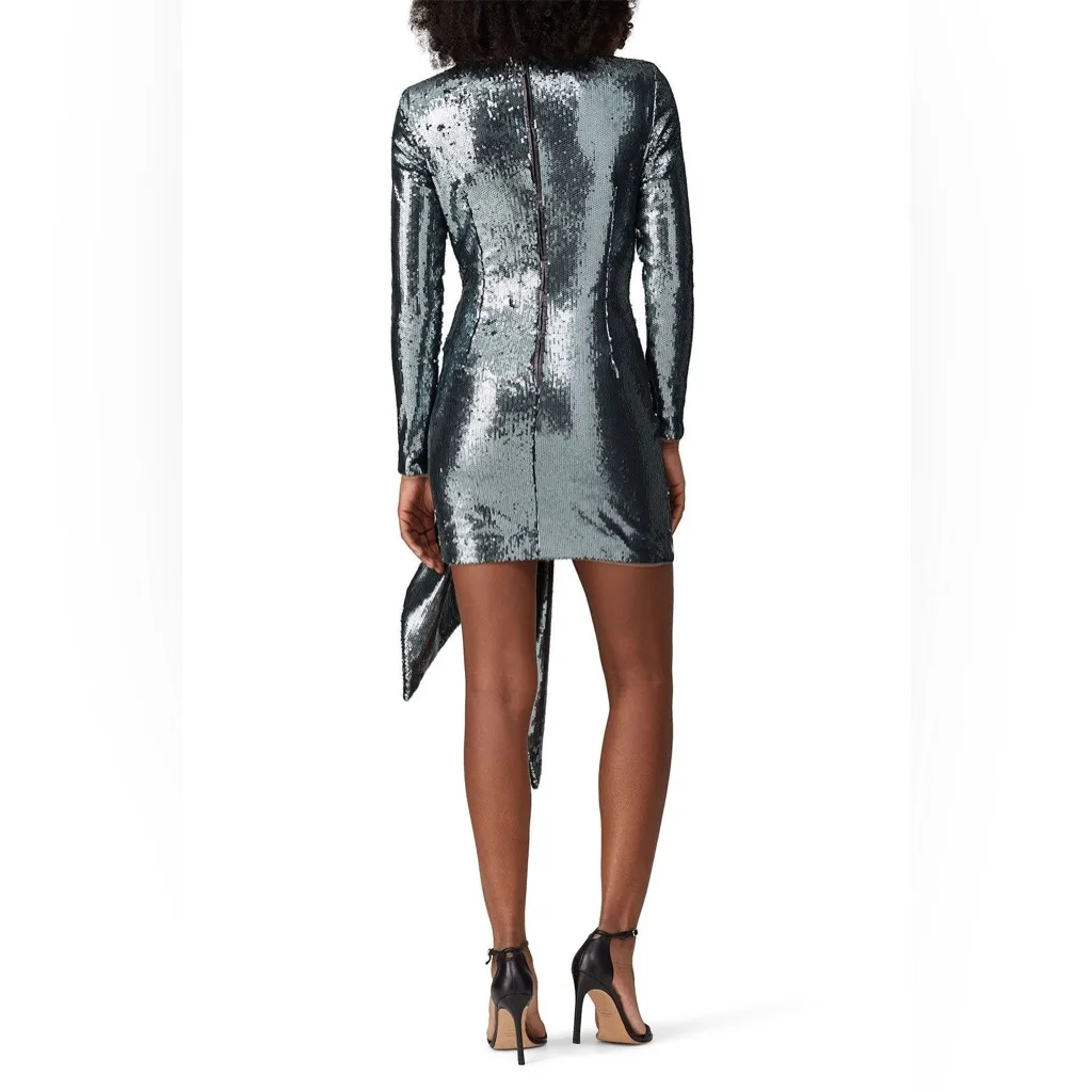 Toccin Gun Metal Metallic Sequin‎ Mini Dress Long Sleeve Size 6 Silver - Image 3