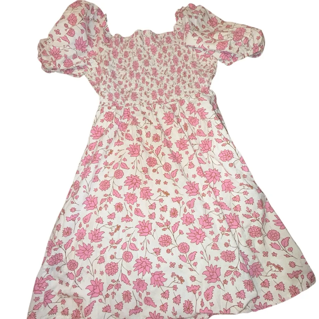 Universal Thread Womens XS Dress 100% Cotton Pink Floral Smocked Puff Sleeve - Image 5