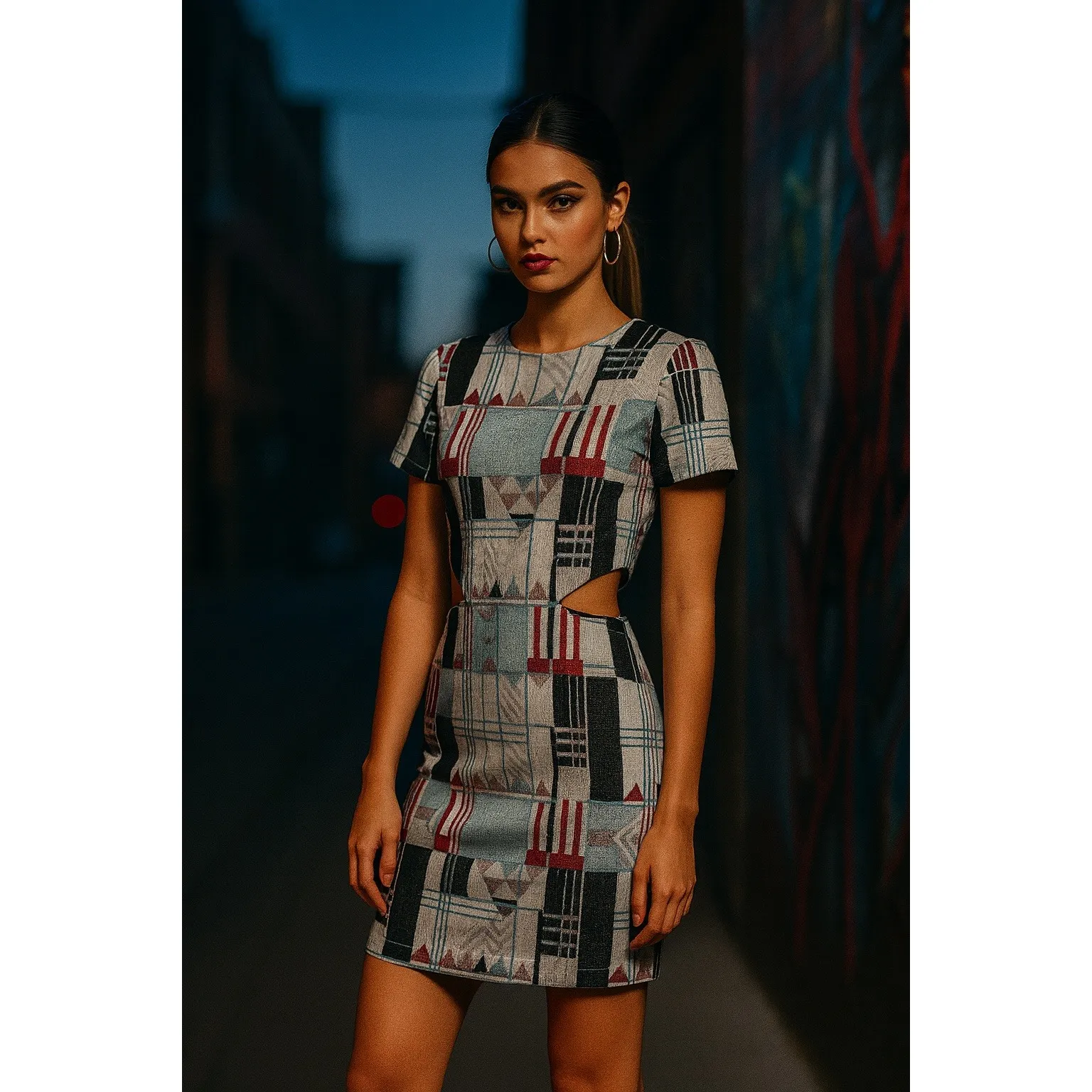 SUNO‎ Womens Dress Size 2 Geometric Mini Short Sleeve Cut Out Retro Tan - Image 2