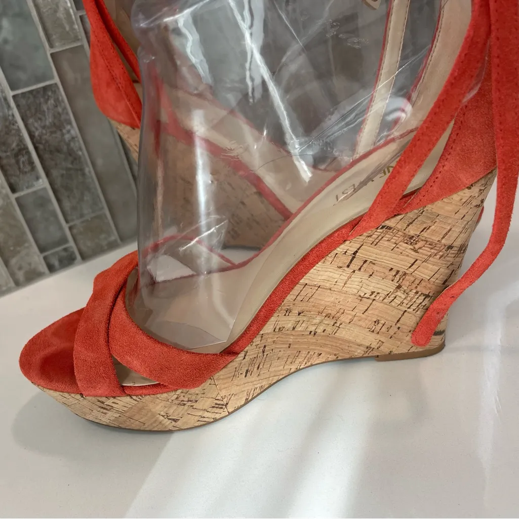 Nine West Orange Coral Leather Suede Cork Wedge Ankle Strap Size 9 - Image 3