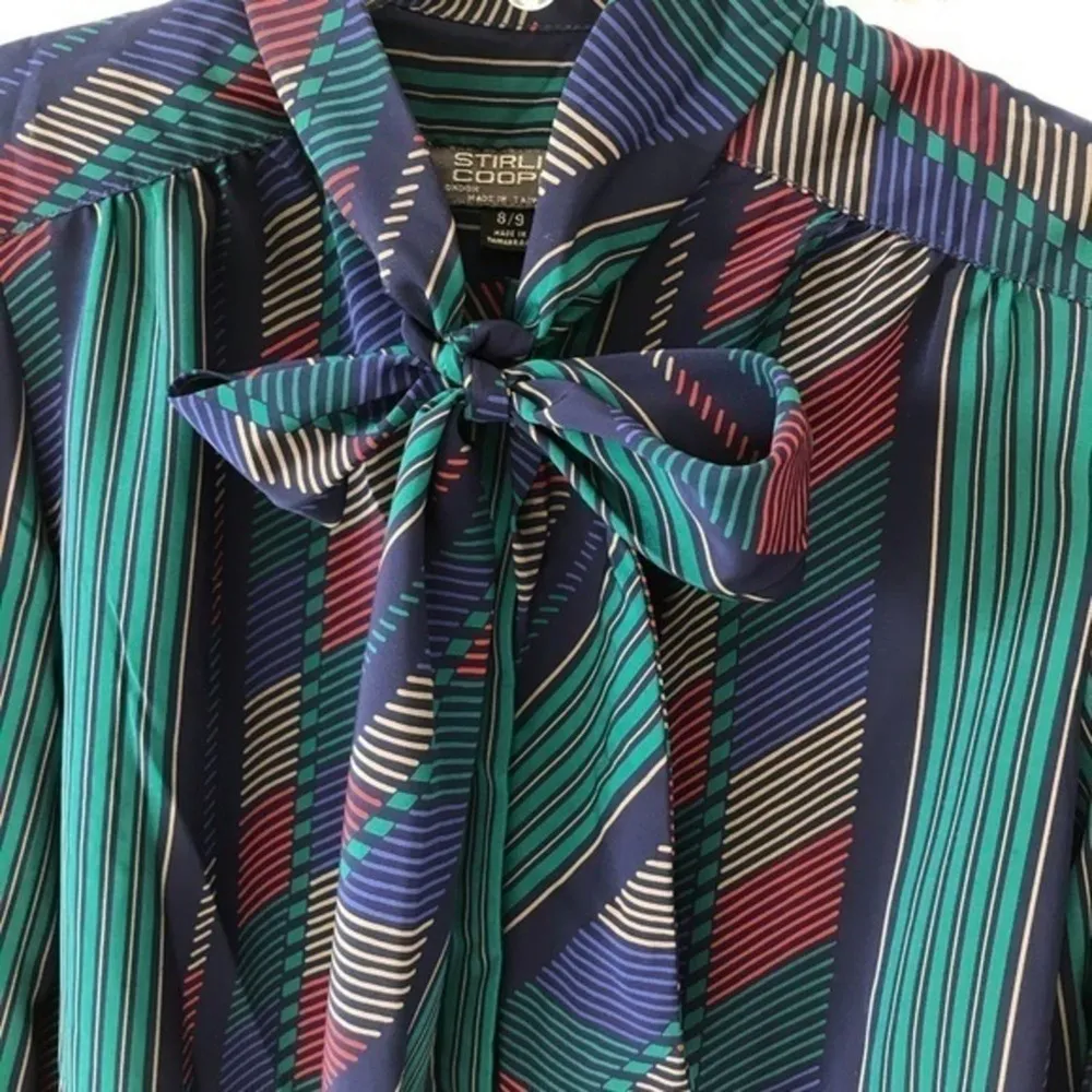 Vintage Button Down Stripe Dress Shirt Bow Neck 70 80s Sterling Cooper Blue - Image 5