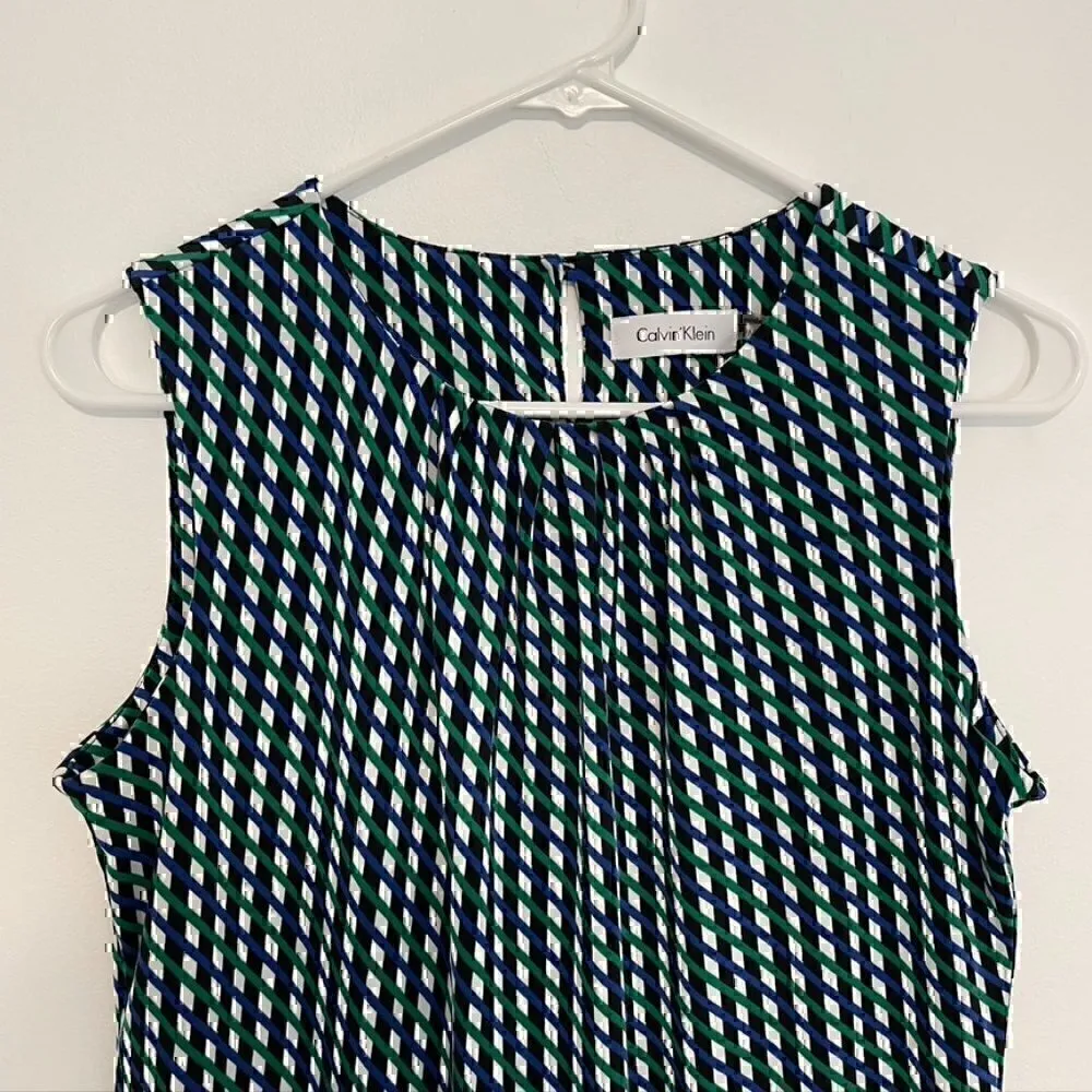 CALVIN KLEIN Green Blue Black Geo Stripe Sleeveless Shell Blouse PETITE PM MP - Image 2