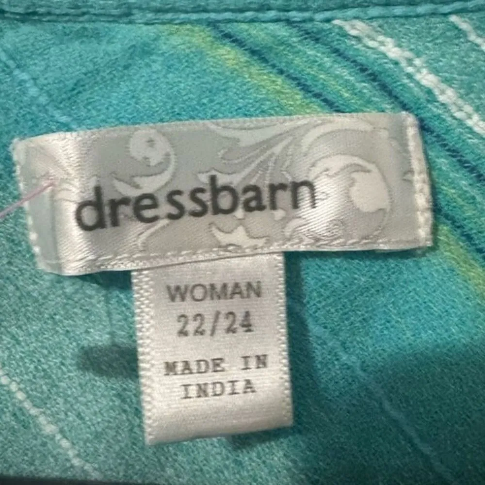 Dressbarn Womens 100% Cotton Blue Striped Button Front Shirt sz 22 Beachy‎ Light - Image 4