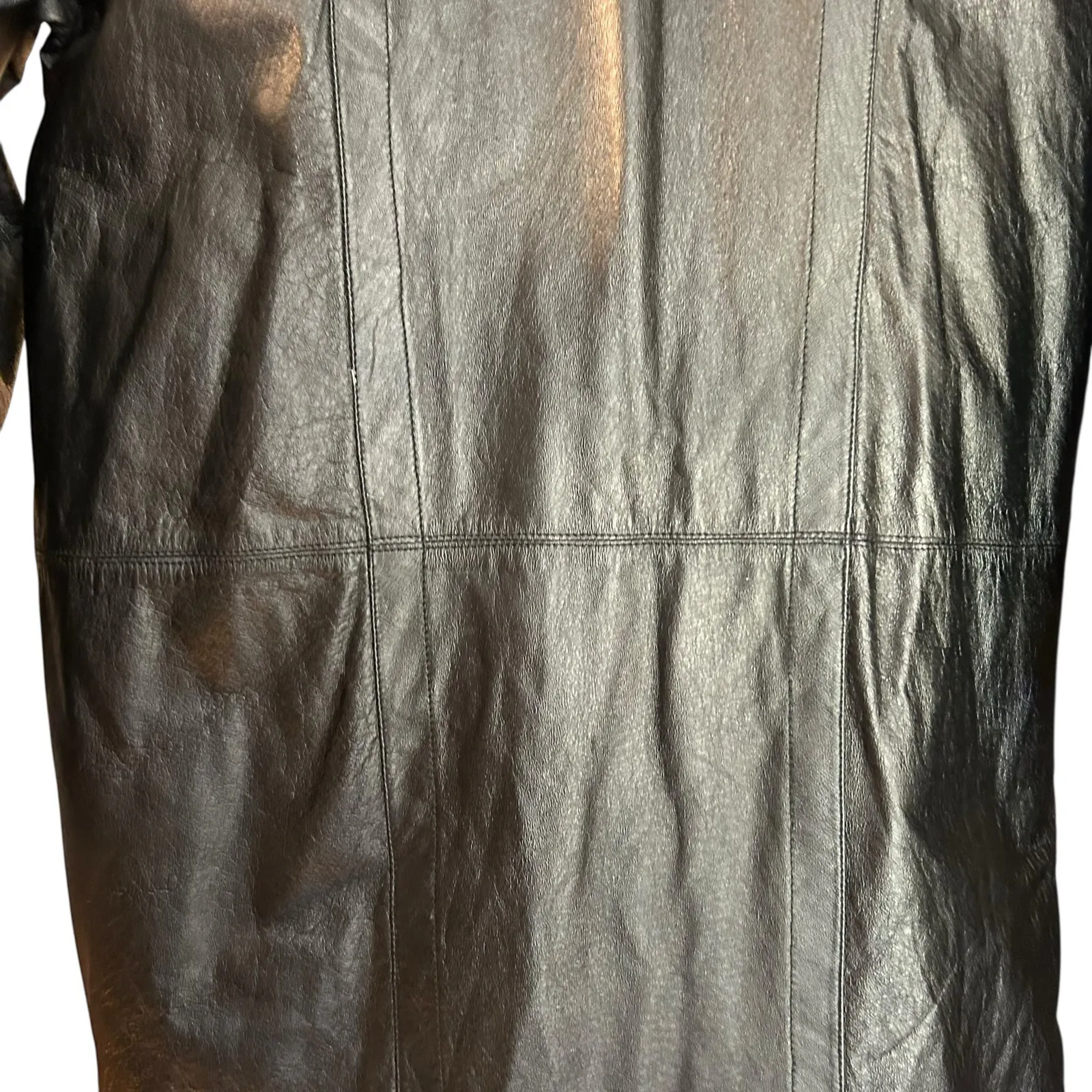 Marco Morani VTG Leather Coat Trench Womens Black SZ L Suede Trim Jacket Classic Size L - Image 13