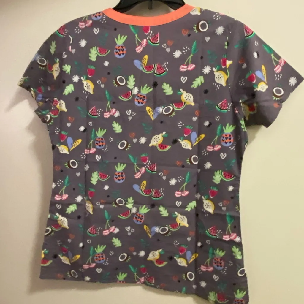 Wonder Flex Womens Scrubs Scrub Top S Small 36” Dark Gray Fruit Fruits Print - Image 5