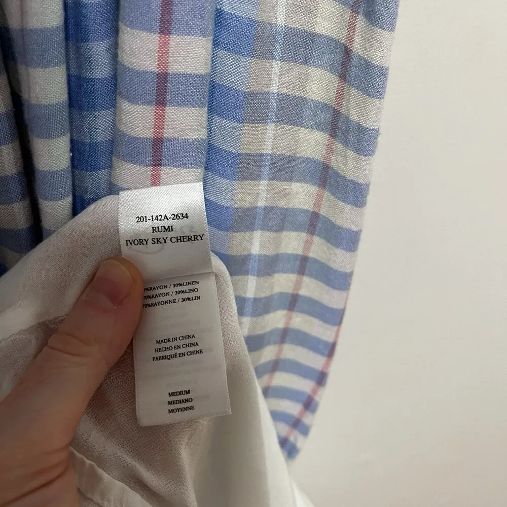 Rails Rumi Smocked Blue Ivory Sky Cherry Midi Linen Blend Dress Size Medium - Image 6