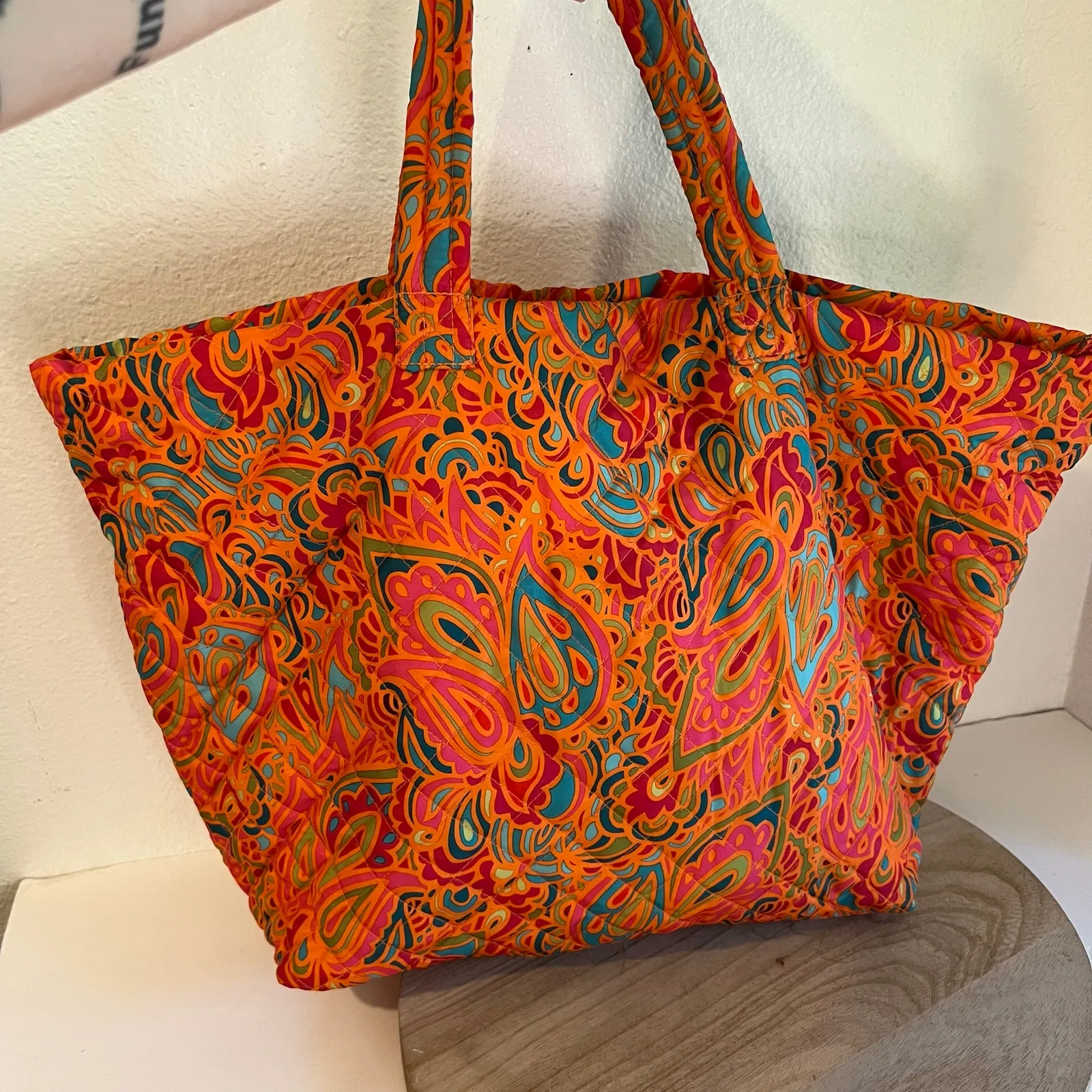 Orange Multi Colored Quilted Floral Printed Nylon Double Handle Zipper Tote Bag - Image 9