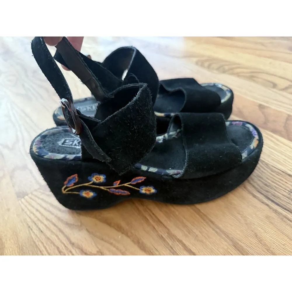 Vtg Y2K Skechers Black Chunky Platform Embroidered Floral Sandals Size 90s Sz 8 - Image 2