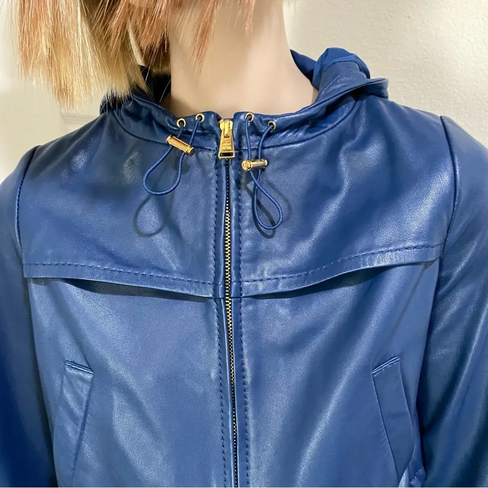 BCBGMaxAzria Blue Cropped Hooded 100% Leather Jacket Size XS - Image 4