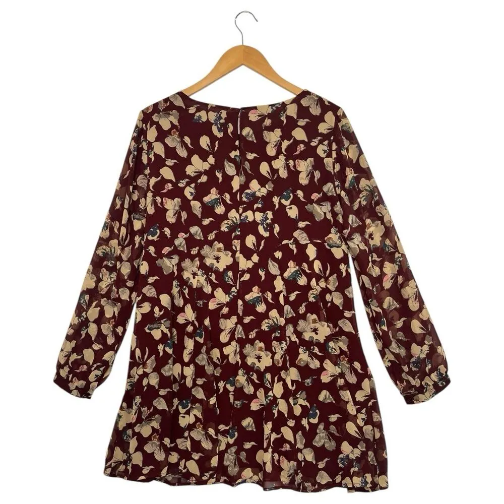 ASTR Dress Womens Medium Red Maroon Floral Sheer Chiffon Long Sleeve Swing Girly - Image 2