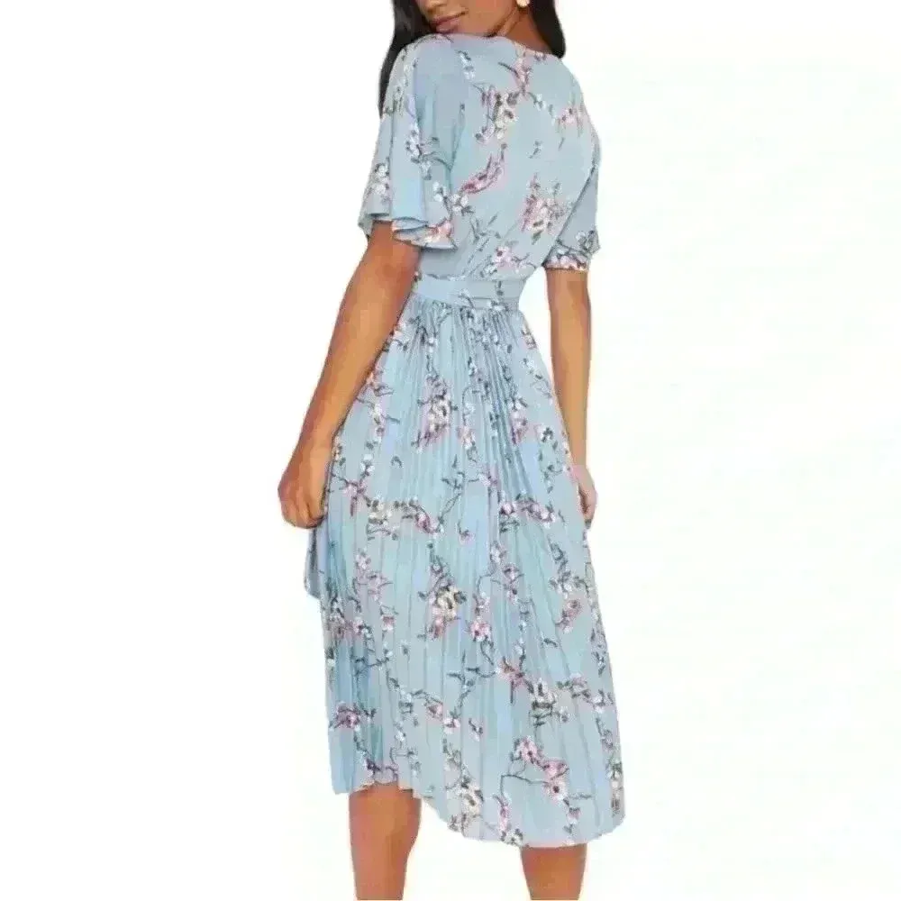 PrettyLittleThing Dusty Blue Floral Pleated Midi Dress-NWOT - Image 2