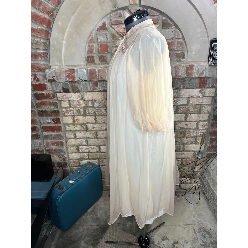 robe chiffon puff sleeve cream pink brown taupe floral 1950s Size L - Image 8