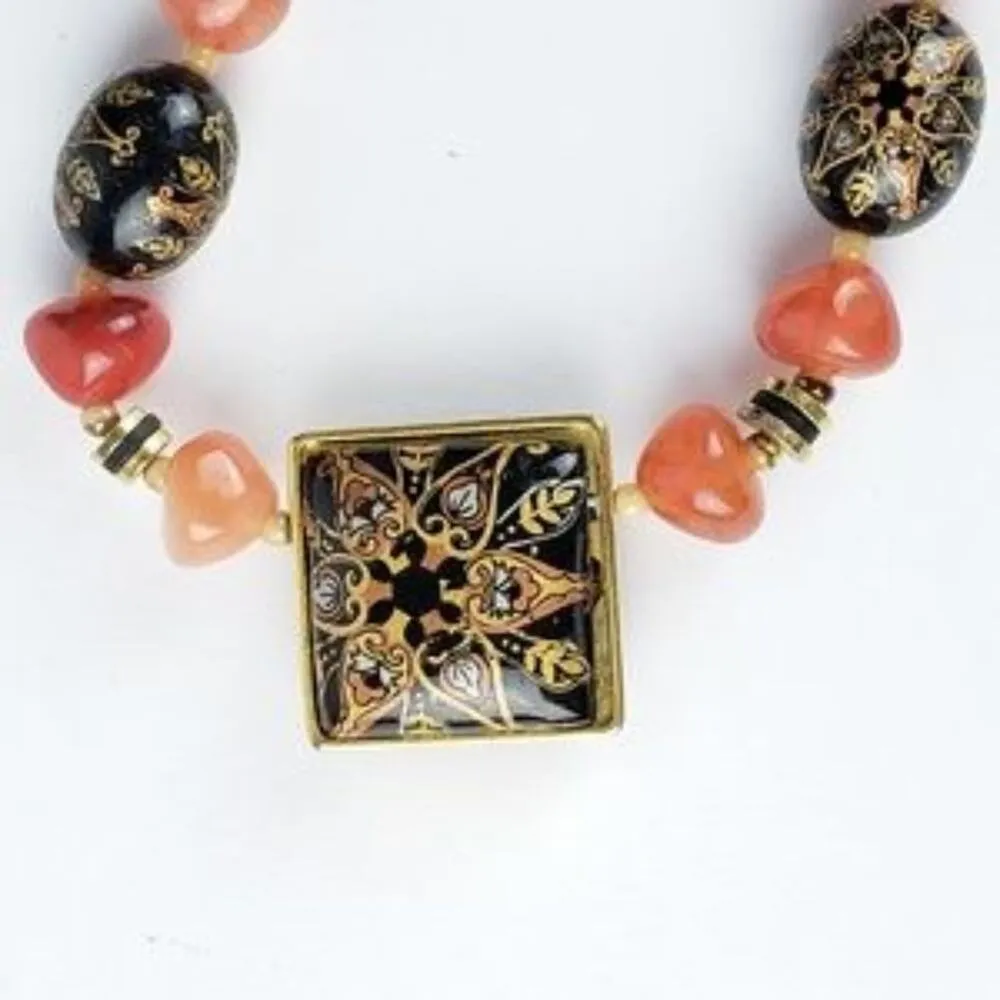 Red/Pink Accent Beaded Necklace with Lacquer Painted Double Sided Pendant Red - Image 4