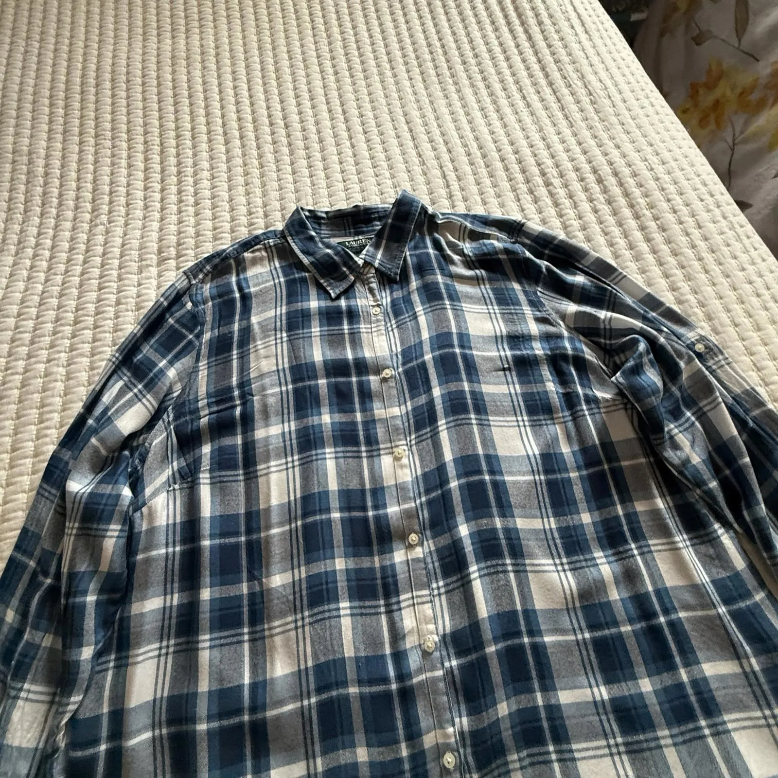 Lauren Ralph Lauren Button Up Collared Flannel Shirt Blue White Plaid Sz 3X - Image 12