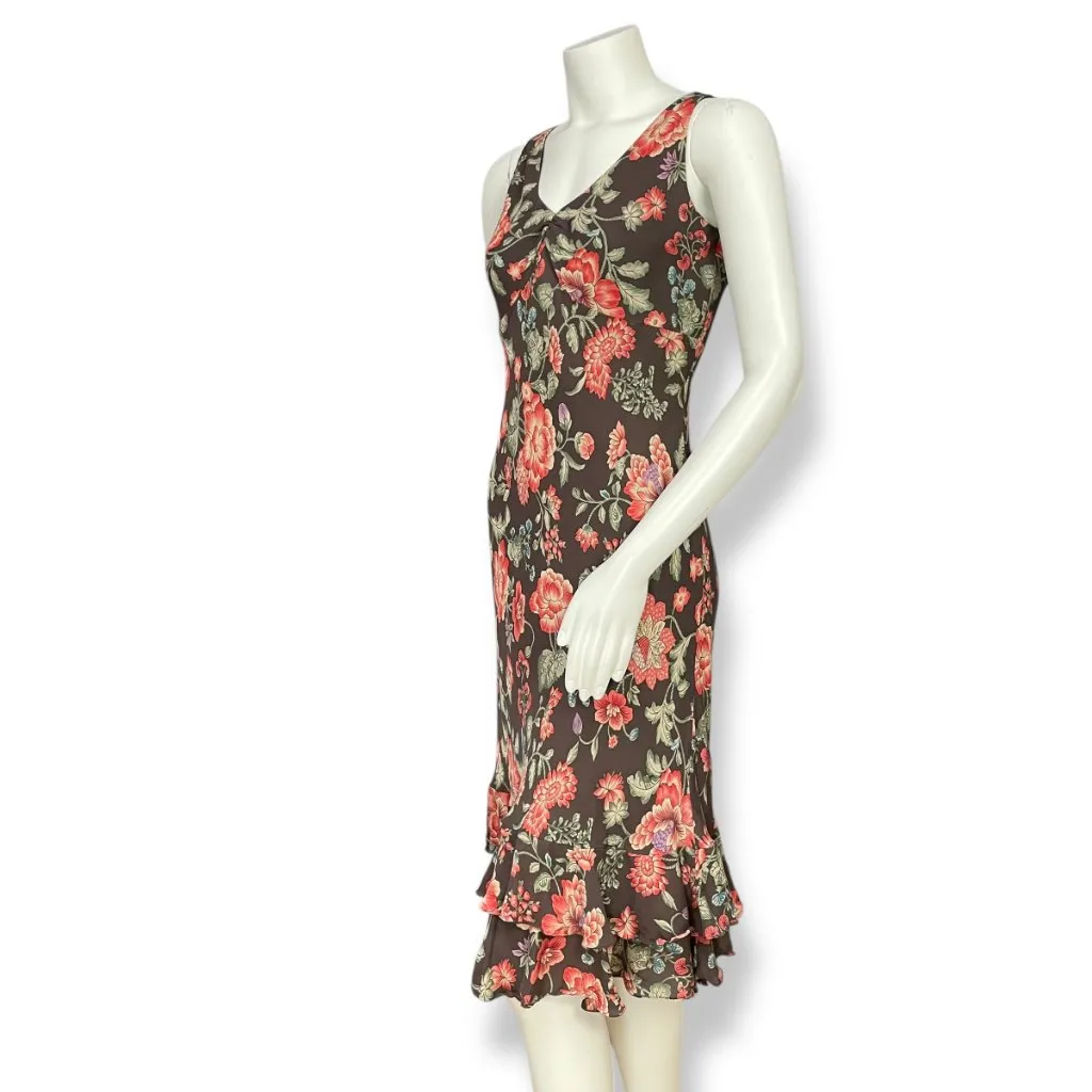 Jones New York Bias Cut Dress Silk Floral ALTERED V-Neck Women Flirty Brown Pink - Image 17