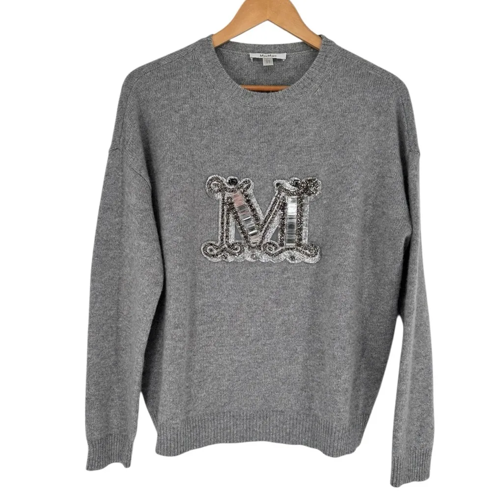 MaxMara Grey Rodeo Pullover Cashmere Sweater Long Sleeves Embellished Logo - Image 3