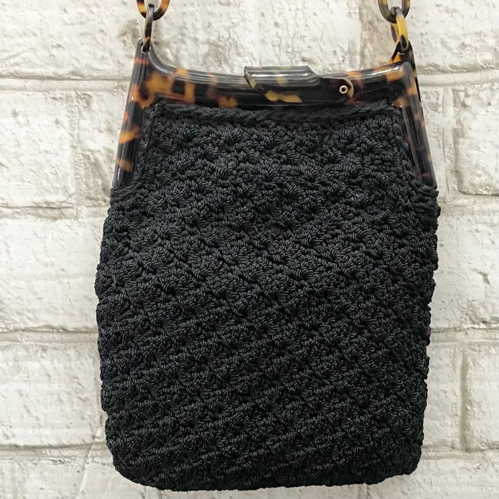 Vintage CHRISTIAN LIVINGSTON Black Crochet Tortoise Chain Clutch Shoulder Bag - Image 6