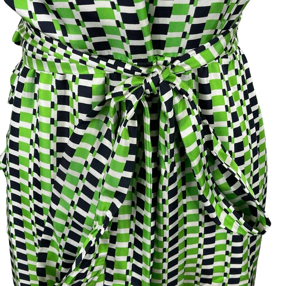 Kate Spade SZ 8 Aubrey Silk Wrap Dress Geometric Check Ruffled Neck Belted Lined - Image 6