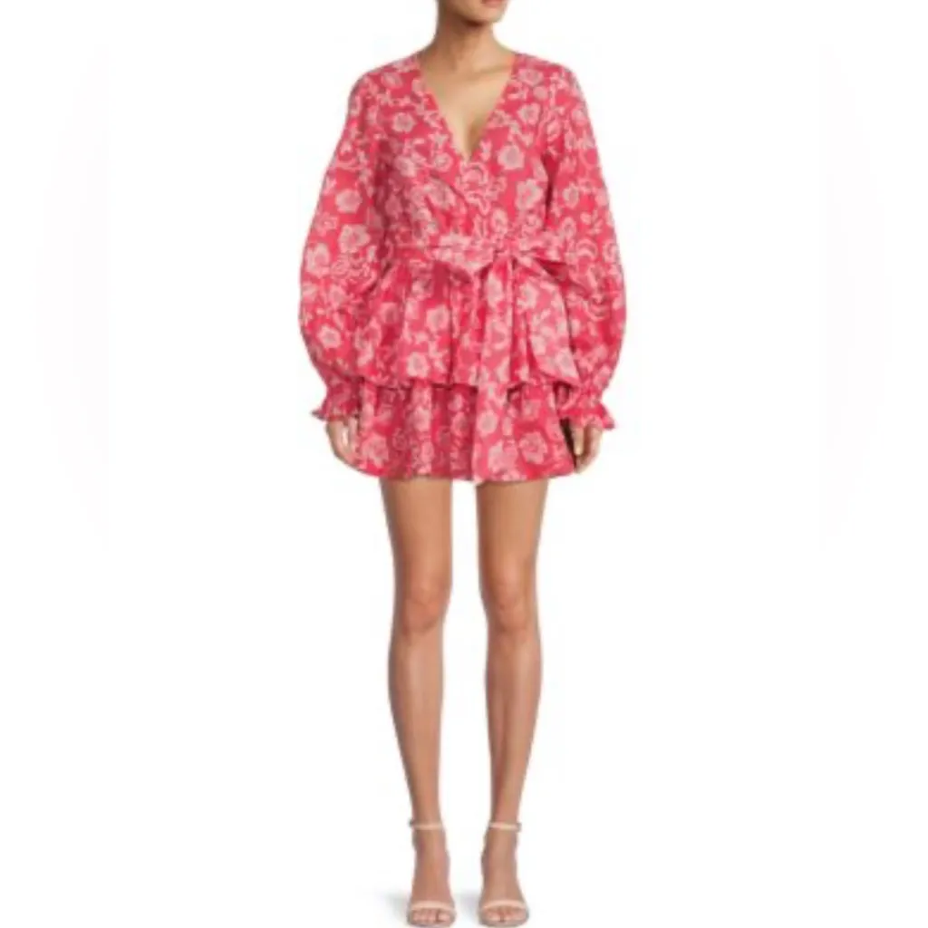 Ramy Brook Jolie Tiered Wrap Mini Dress Sz M Pink Printed Puff Sleeve - Image 2