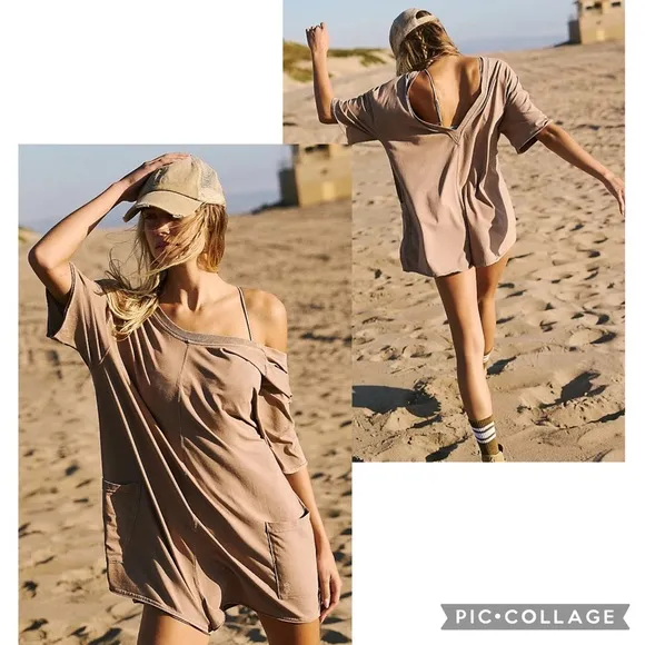 NEW! $60 FREE PEOPLE Movement Size Small HOT SHOT TEE ROMPER ONESIE Mocha Latte - Image 2