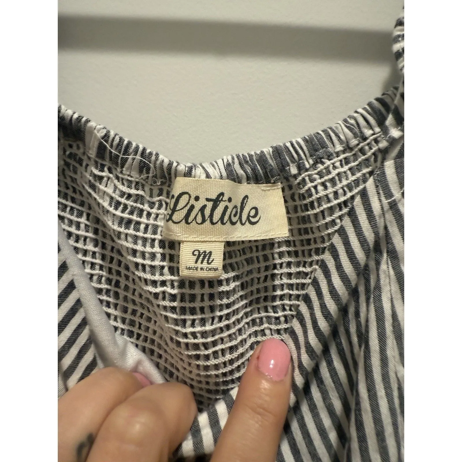 Gray & White Pinstripe Dress Size Medium Seersucker Ruffled Straps Ruched Back - Image 4