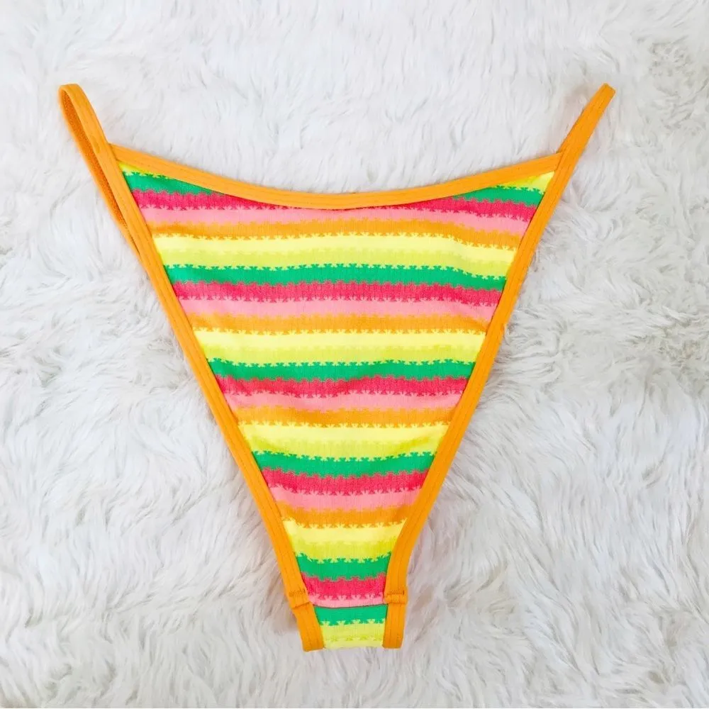 L*SPACE Tommy Rainbow Stripe‎ String Bikini Bottom Cheeky Orange Size Medium New - Image 5