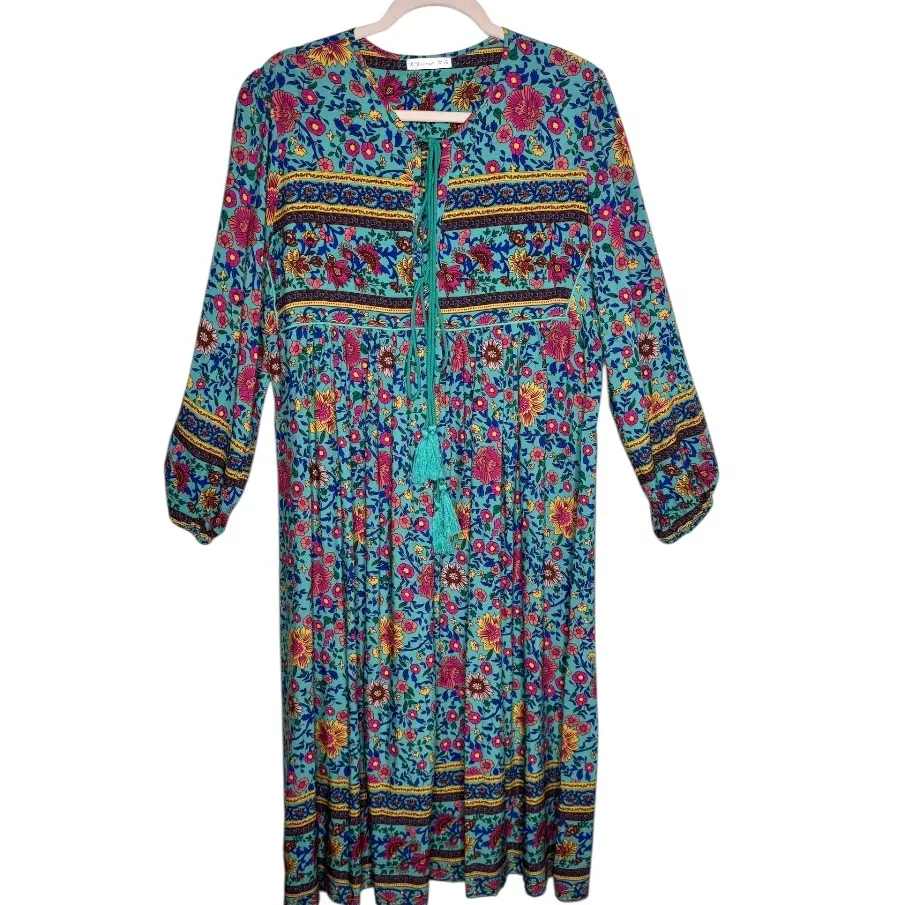 R.Vivimos Floral Long Sleeve Boho Print V Neck Tassel Bohemian Midi Size Medium Blue - Image 2