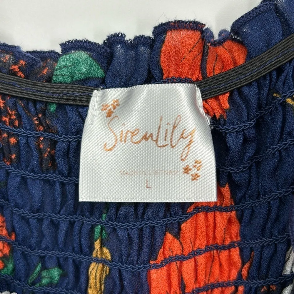 Siren Lily Smocked Floral Romper Women’s Size Large in Navy Blue & Orange - Image 3