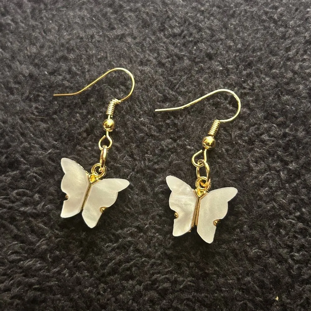 Handmade White Butterfly 18K Gold Plated Hook Earrings - Image 2