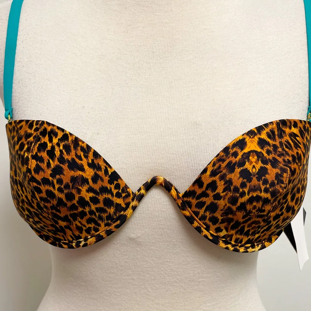 B Swim D Cup Rawr Uniwire Underwire Bikini Top NWT Leopard Teal Removable Straps Tan Size L - Image 2