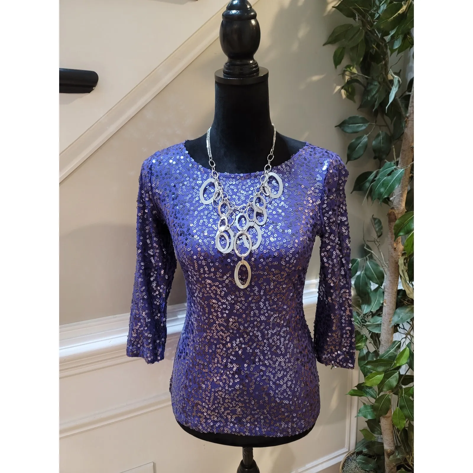Calvin Klein Blouse Women’s Size Small Purple Sequin Crew Neck 3/4 Sleeves - Image 2