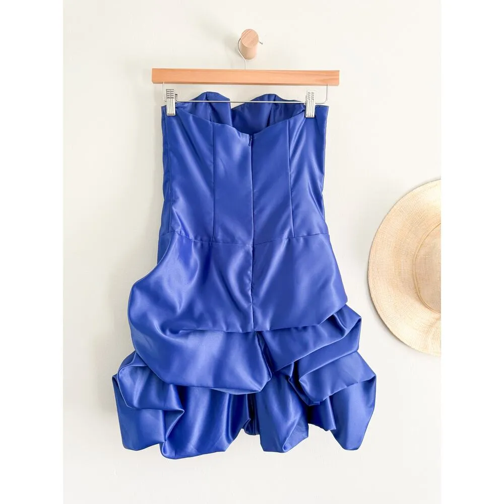 Cache | Y2K Satin Blue Strapless Bubble Hem Mini Prom Cocktail Vintage Dress | 4 - Image 6