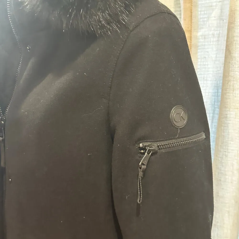 Calvin Klein Black Winter Coat sz L Hooded Coat Wool Coat Faux Fur Trim - Image 10