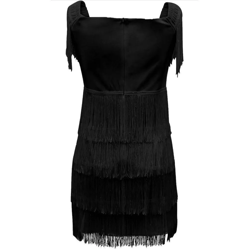 NEW Off Shoulder Wrap Fringe Sleeveless Elegant Party Mini Dress L Black Size L - Image 3