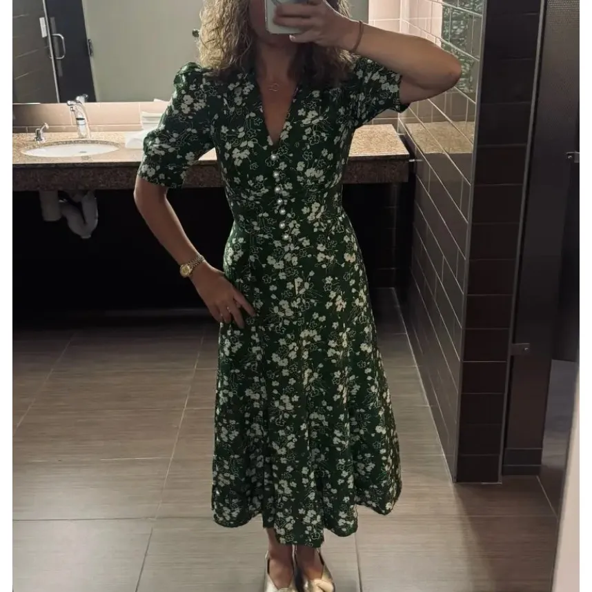 L.K. Bennett Green Floral Midi Shirt Dress SIZE 6 Silk Retro Work Designer $675 - Image 6