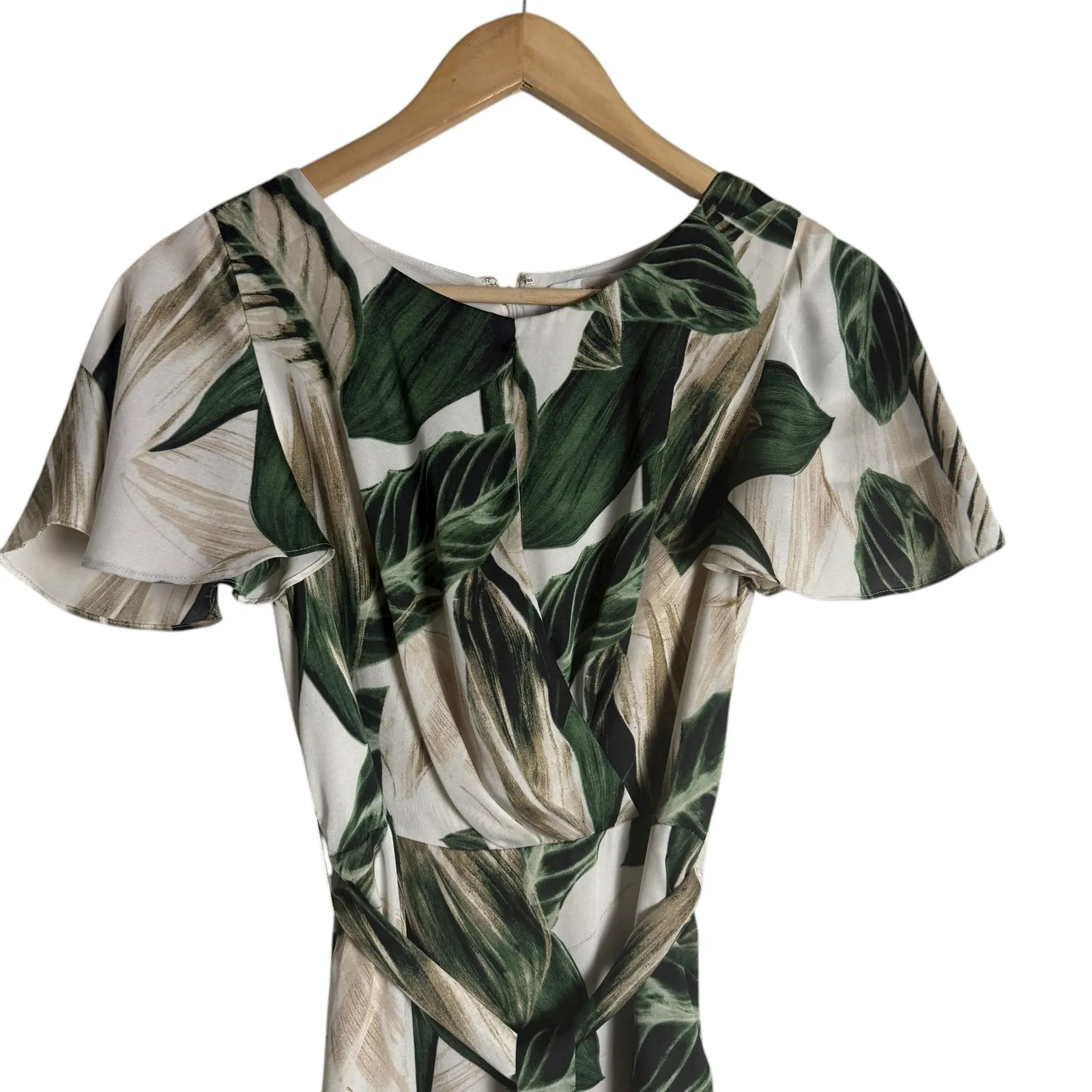 Great Jones Ivory Green Palm Leaf Short Sleeve Tropical Resort Midi Dress 4 White - Image 6