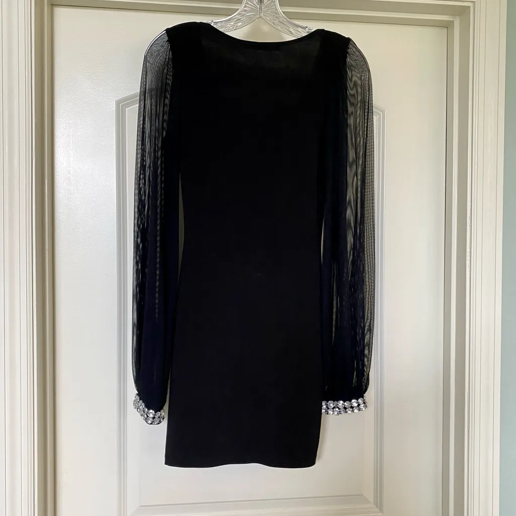SYMPHONY - Black Bodycon Dress with Mesh Sleeves and Crystal Wrist Detail! - Image 2