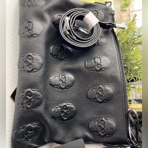 IO PELLE Black Skull Embossed Leather Crossbody Bag Made in Italy NWT - Image 3