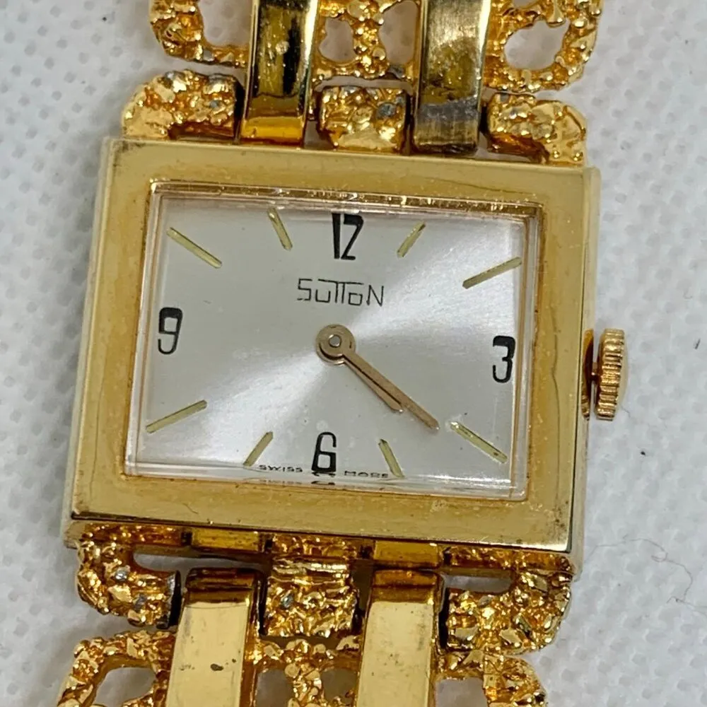 Vtg Sutton Swiss made women mechanical wind up watch goldtone 27mm size 7” works - Image 3
