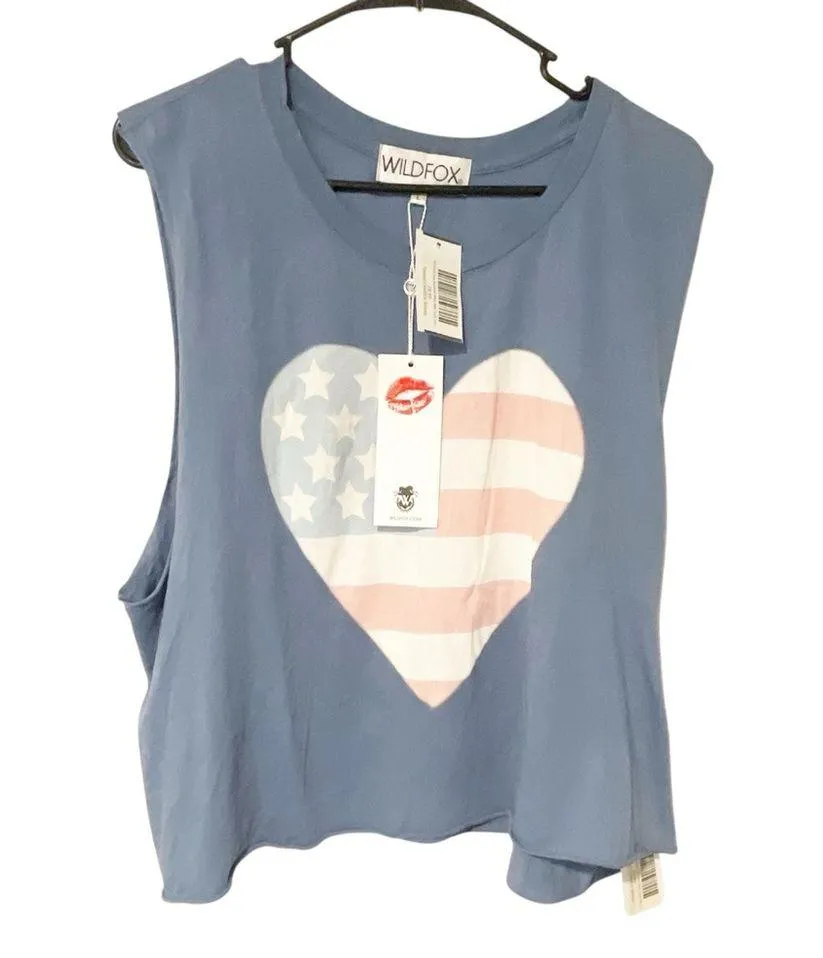 Wildfox Size Large Blue American Flag Heart Cotton Sleeveless Top NEW - Image 2