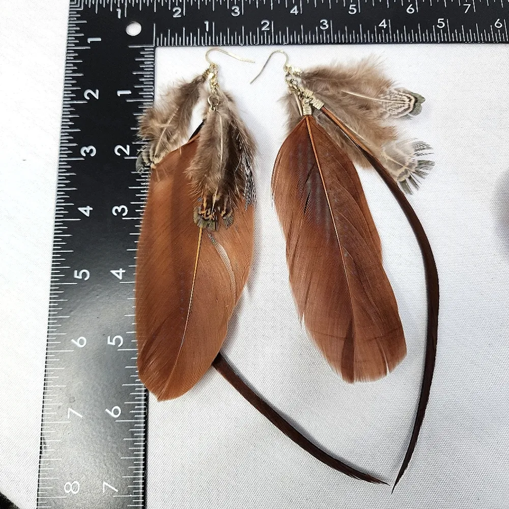 Boho Long Brown Real Feather Earrings Tan - Image 5