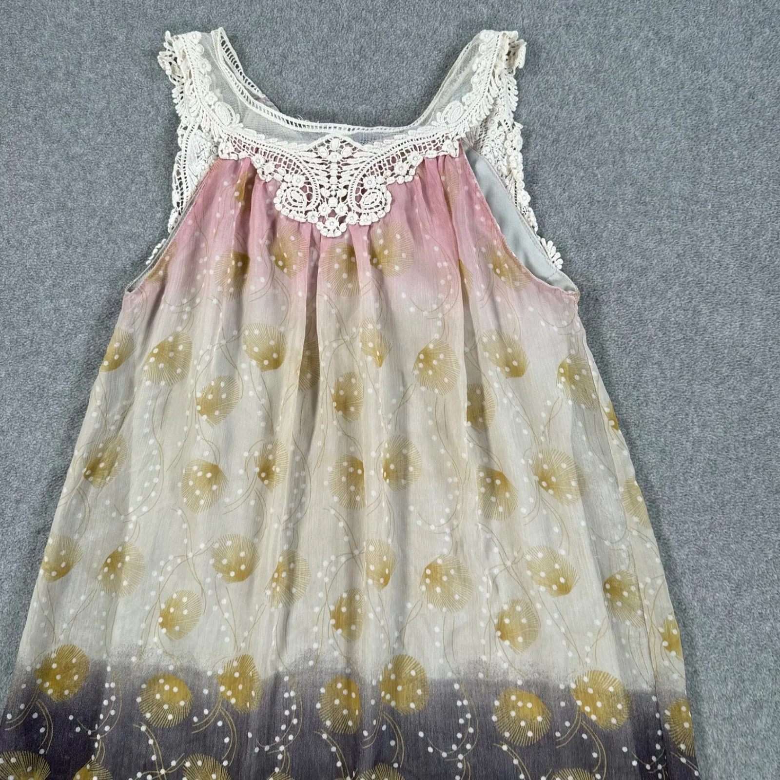 Ultra Pink Lace Trim Sleeveless Y2k Boho Babydoll Dress Size X-Small Purple Gold - Image 2